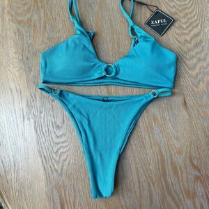 Teal Ribbed O-Ring Triangle Bikini Set High Cut Two Piece Size M NWT